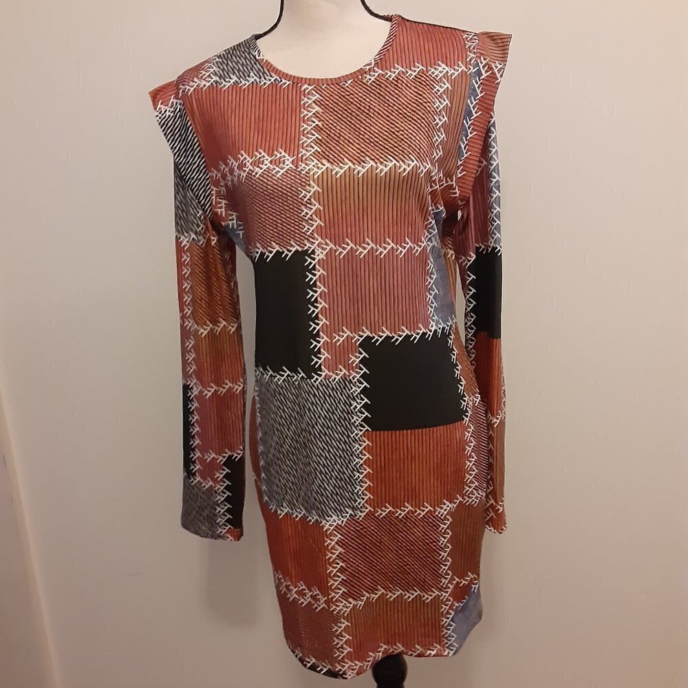 Size L  Orange/Brown/Black Color Block Long Sleeve Dress w/Scoop Neckline
